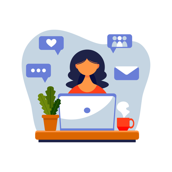 Home office concept, girl with laptop. Woman working from home. Freelance or studying, student or freelancer concept. Vector illustration in flat style.